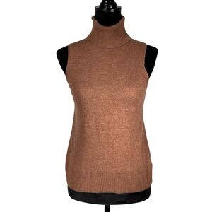 Halston Sleeveless Brown Turtleneck Sweater Extrafine Merino Wool Quiet Luxury